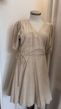 Gina Tricot Sommer Kleid Leinen Wickelkleid Beige Gr. L