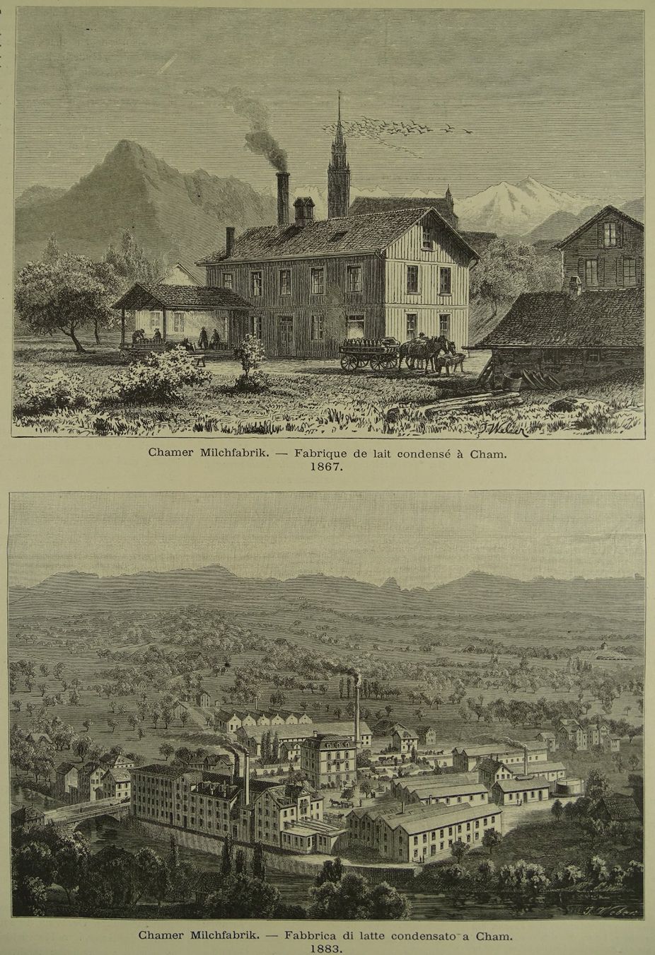 Stiche: CHAM MILCHFABRIK, 2 HOLZSTICHE 1884 – Gebraucht aus Grüningen von Kartensammler