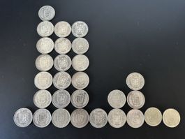 28 Schweizer 5-Franken-Silbermünzen, Jahrgänge 1931 bis 1969