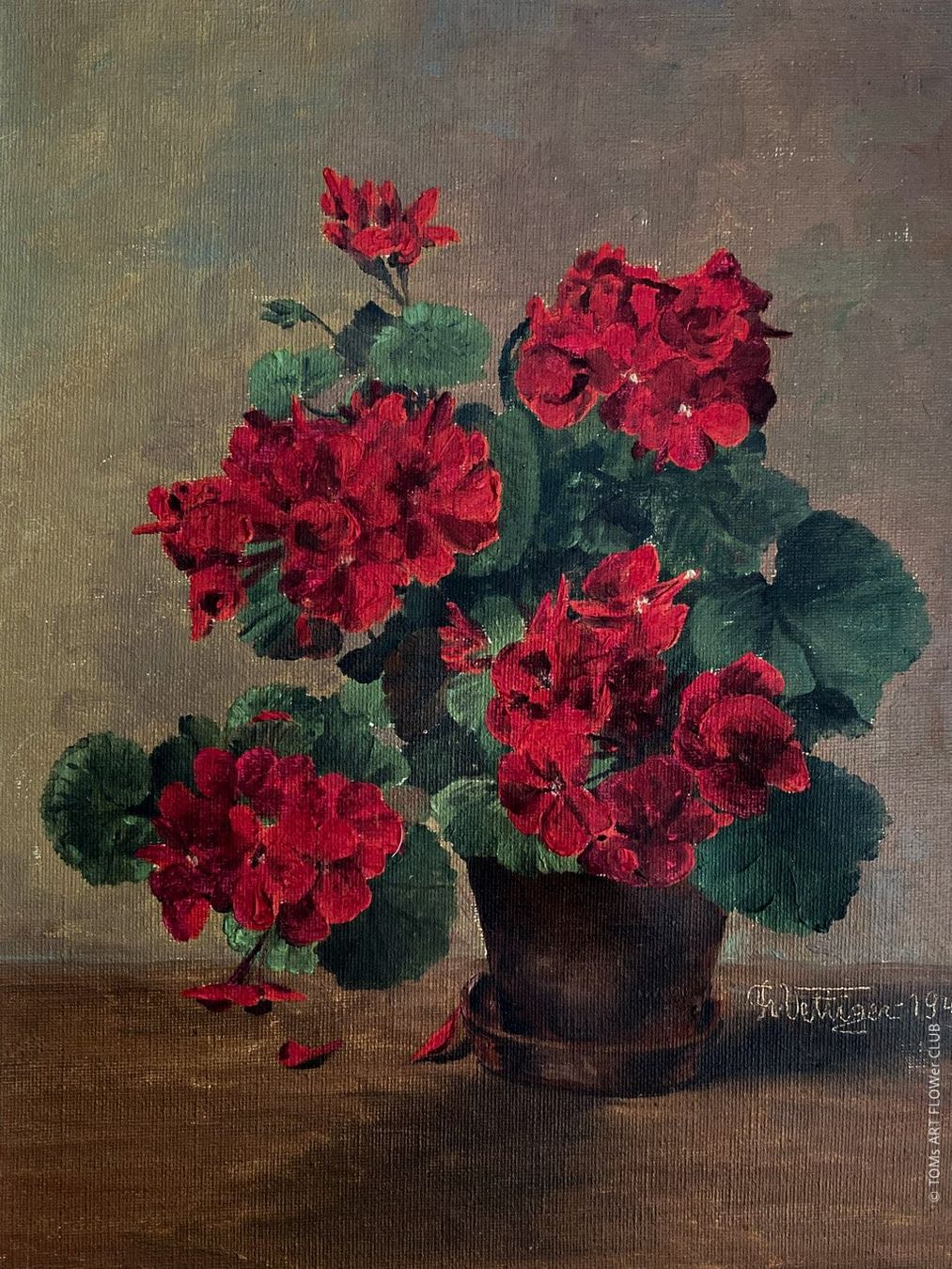 Dipinti: Franz Vettiger, 1944, rote Geranien, Oelgemälde – Usato da Adliswil venduto da TAKEYOURPLANT 5