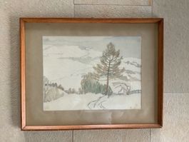 Aquarell Winterlandschaft - A.v Brun 39 -  in Originalrahmen