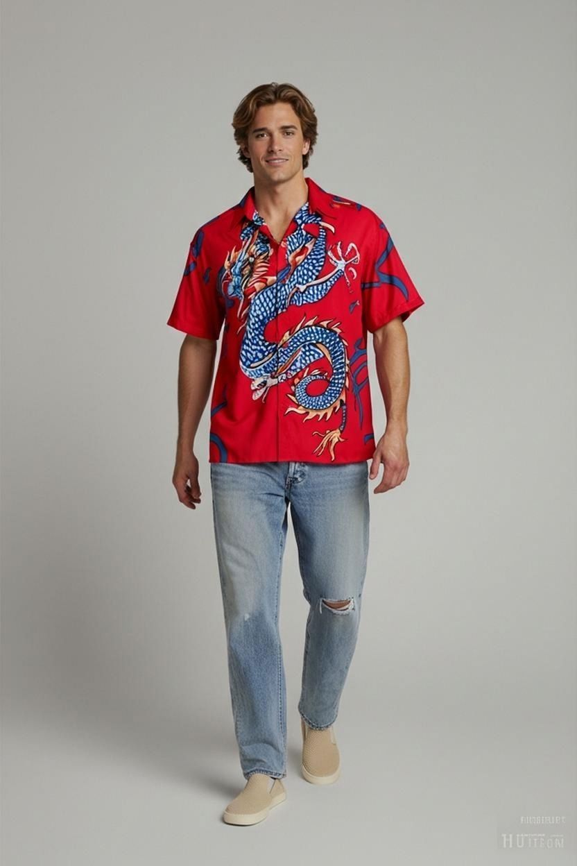 Quiksilver Camicie: Silver Stripe Rot Drachenprint Button-Down Hemd - Größe S – Usato da Zug venduto da vinokilo