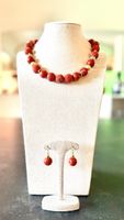 Parure collier et boucles corail rouge plaqué or / 925