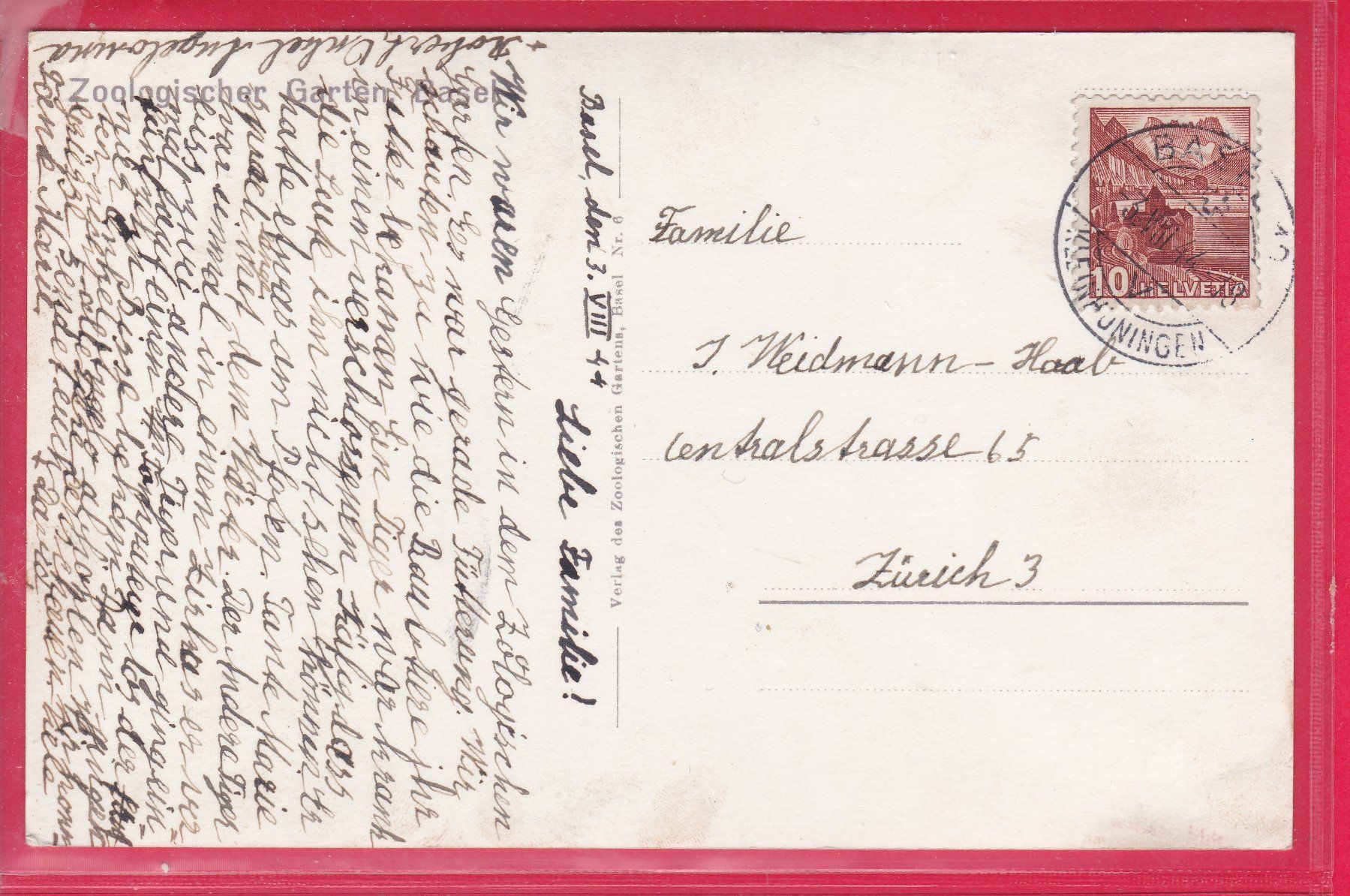Cartoline postali: ZOO BASEL, ELEFANT MIT JUNGEM, 3.8.1944 – Usato da Oberrieden venduto da Gebirgsstelze 1
