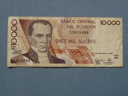 Seltene 10000 Sucres Banknote Ecuador, Jahr 1998, Top!