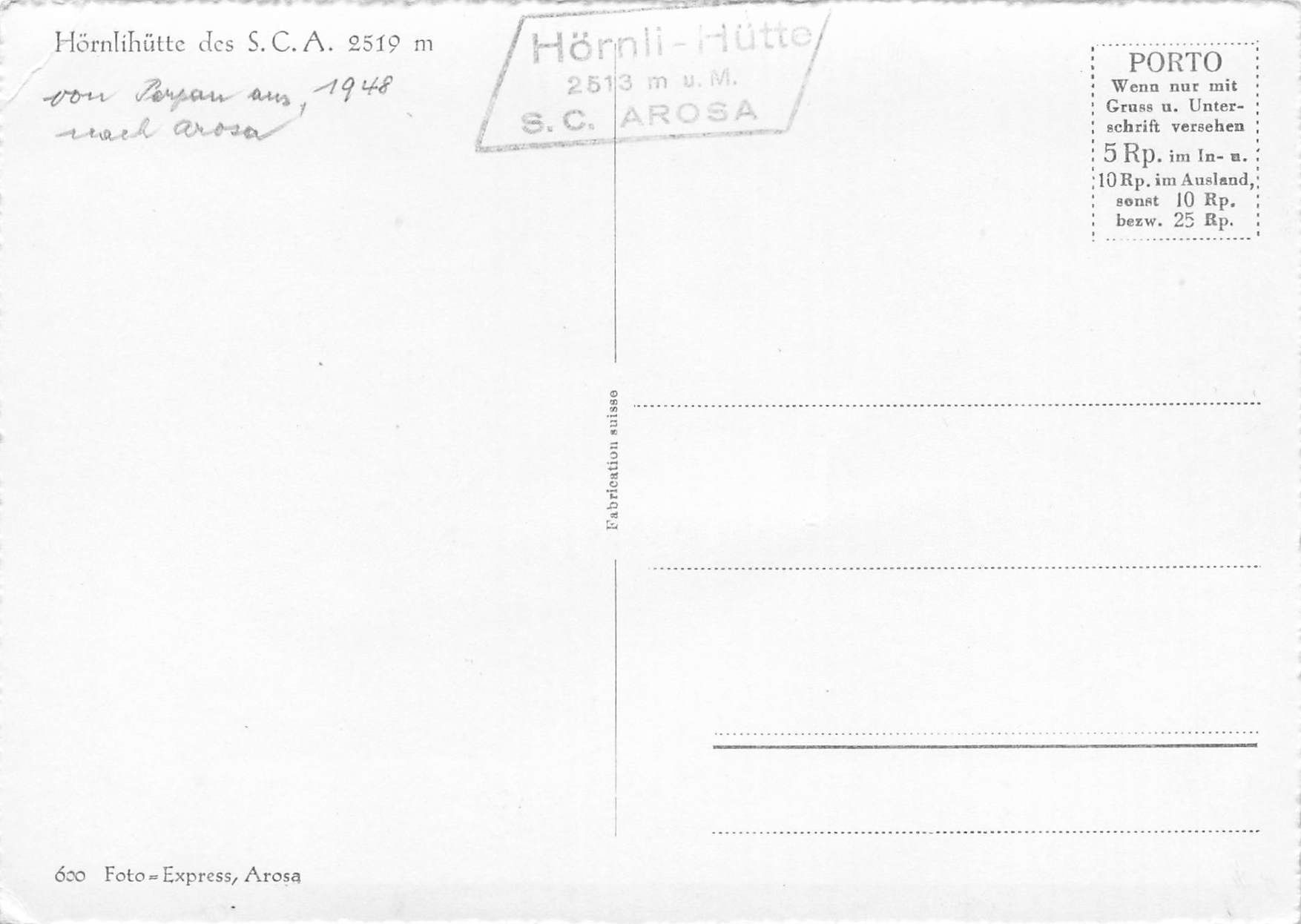 Cartoline postali: Hörnli hutte Arosa G – Usato da Biasca venduto da Blenio71 1