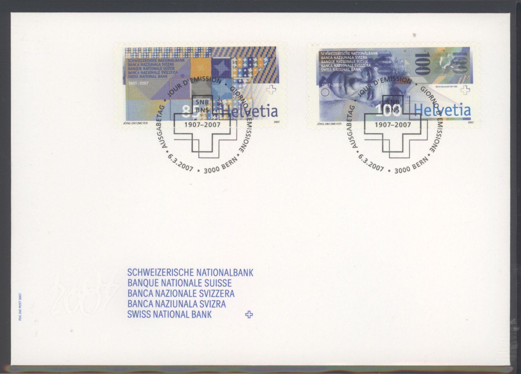 Alle Briefmarken: 2007, FDC, 100 Jahre Schweizer Nationalbank – Gebraucht aus Willisau von Vollstempel