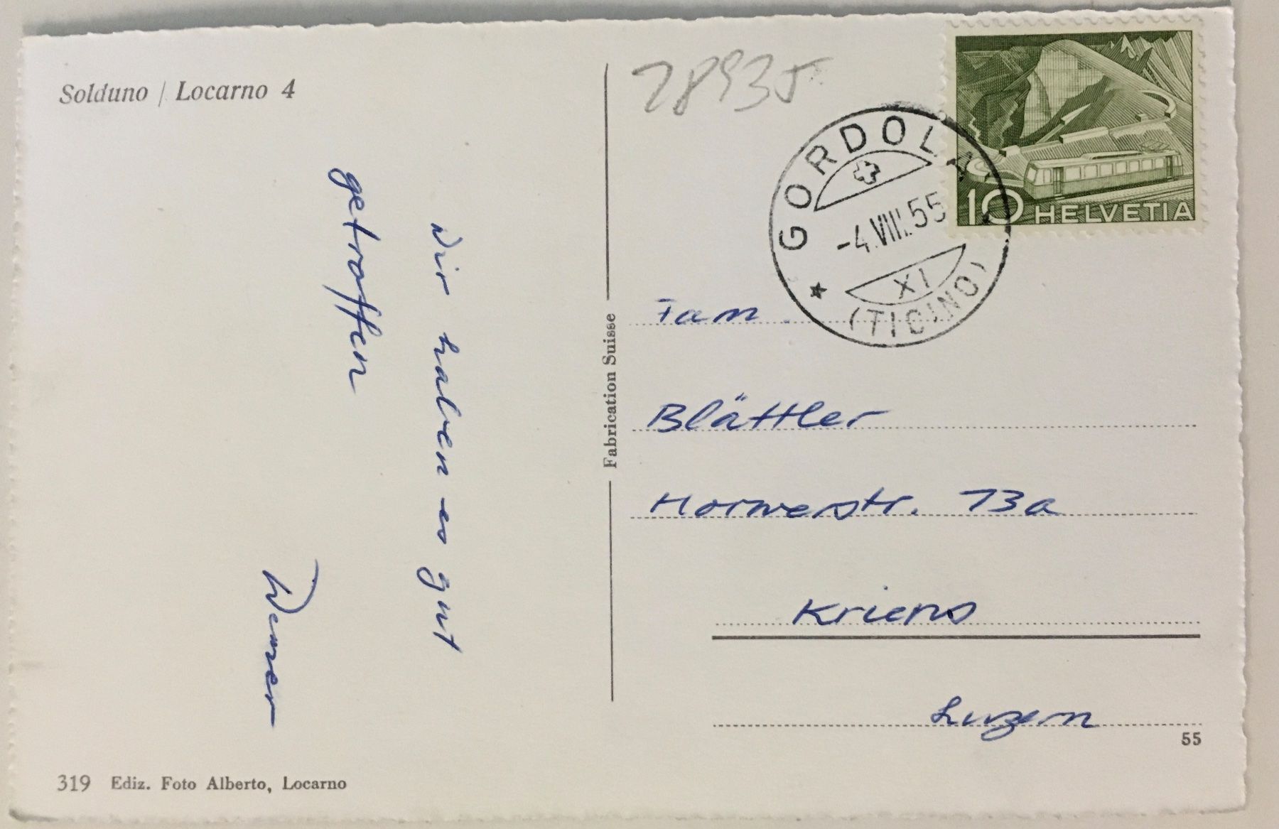 Cartoline postali: Solduno, Locarno, 1955 – Usato da Frauenfeld venduto da Merk52 1