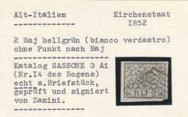Italien-Kirchenstaat Nr.3 Marke geprüft,signiert Zanini
