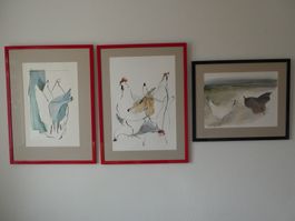 3 ORIGINAL Bilder Hany Dällenbach Hühner / Güggel - gerahmt