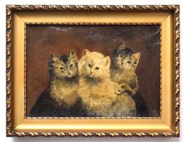 TOP 3 Kätzchen monogr. Ölgemälde antik 1924 Katze Monogramm