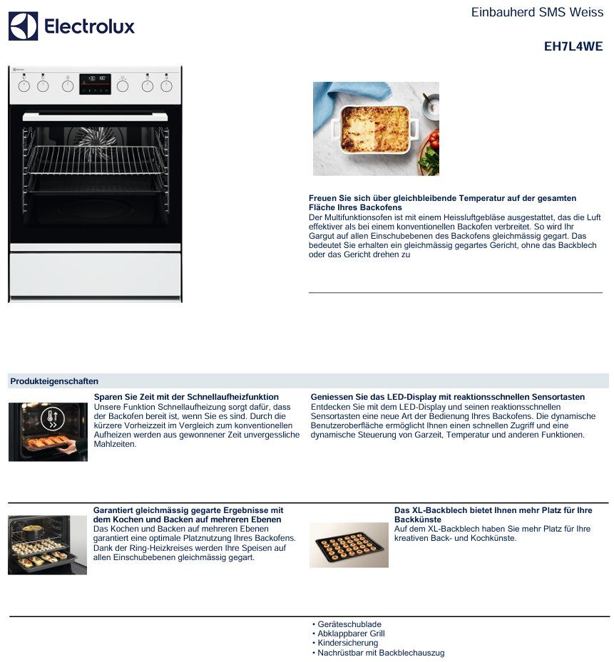 Electrolux Cucine: 042 Electrolux Einbauherd SMS Weiss 76x55cm – Nuovo (secondo la descrizione) da Derendingen venduto da Meisterstuecke 1