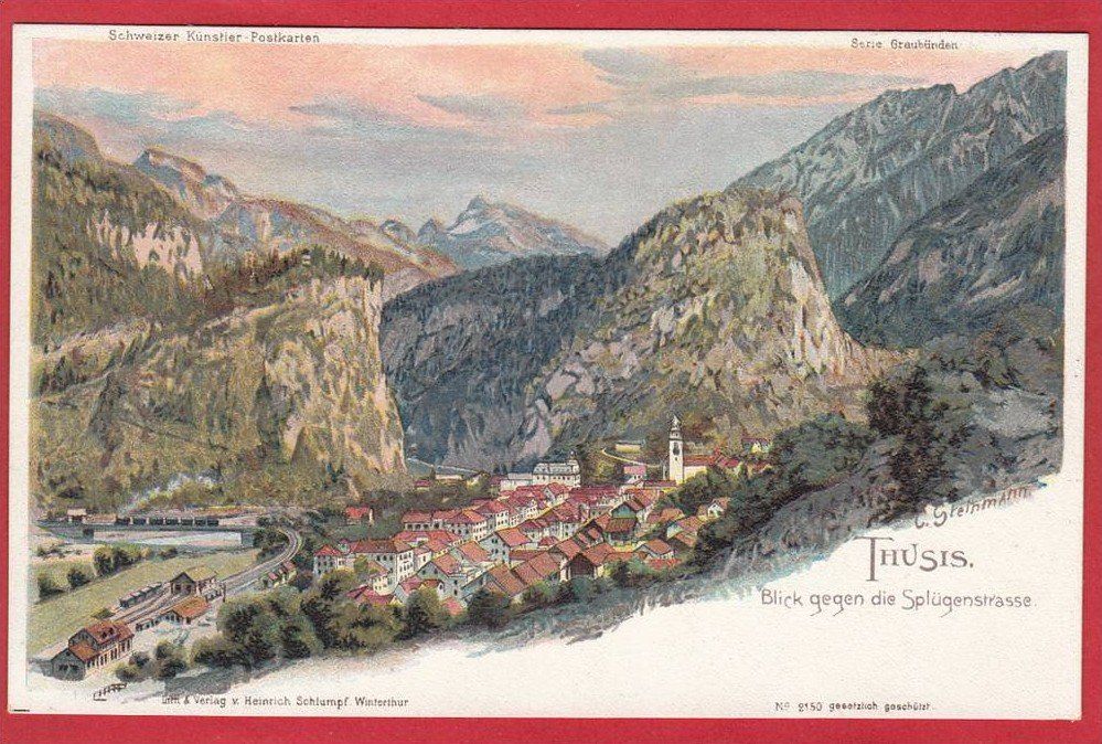 Cartoline postali: THUSIS, STEINMANN-LITHO – Usato da Grüningen venduto da Kartenlaube