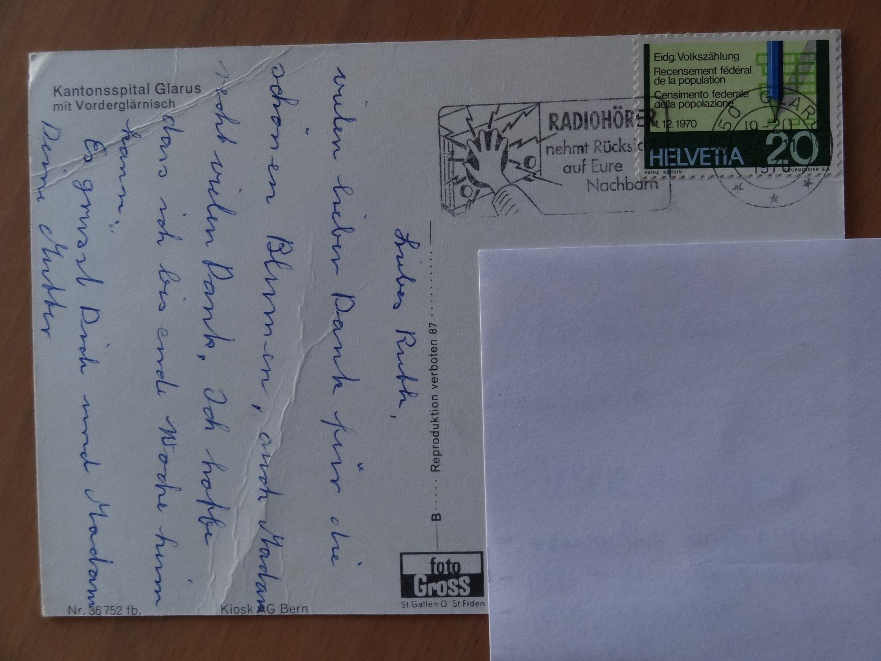 Cartoline postali: Glarus - Kantonsspital Glarus - 1970 – Usato da St Léonard venduto da Riglin 1