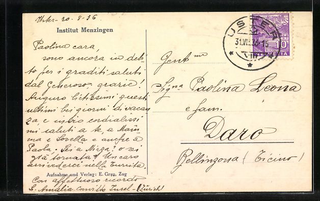 Cartoline postali: Menzingen, Institut Menzingen, Innenansi – Usato da Berlin venduto da bartko-reher 1