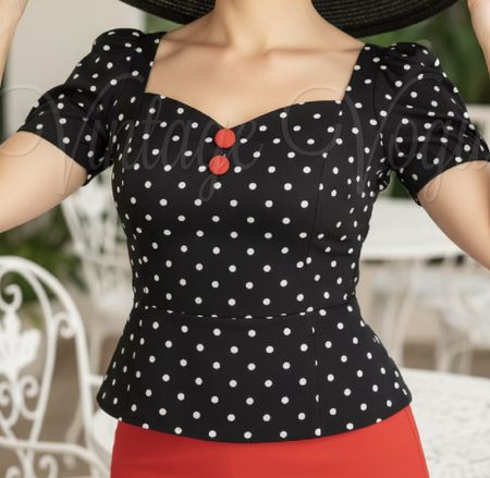 SCHWARZES VINTAGE DAMEN PUNKTE TOP MIT SCHÖSSCHEN