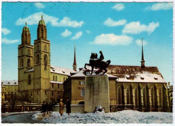 Cartoline postali: Zürich - Grossmünster + Wasserkirche im Winter – Usato da Binningen venduto da Mountainrider