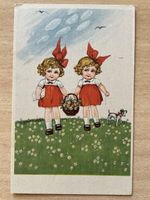 Antike Postkarte Mädchen mit Hund, Blumenkorb,  Zwillinge
