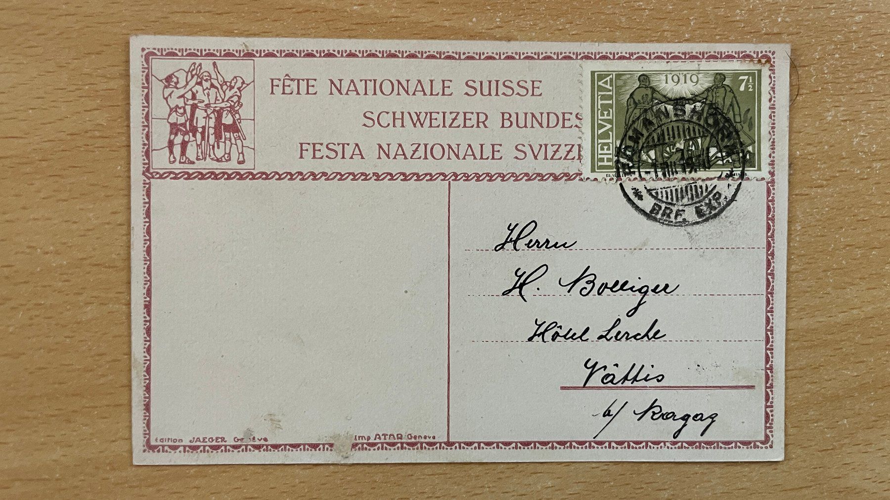 Cartoline postali: Ansichtskarte Schweizer Bundesfeier 1919 – Usato da Glattfelden venduto da cybermaxx 1