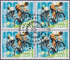 2018, Nr.1674 (UCI MTB) Viererblock mit Ersttags-Stempel.