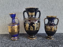 3 Stück Vasen, Greece Amphoren Style, 24 K Gold, Handmade