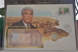 Banknotenbrief mit Münze aus Turkmenistan