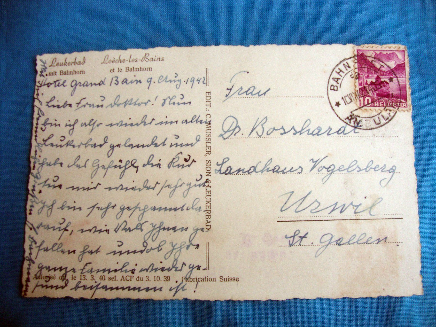 Cartoline postali: Leukerbad Balmhorn   AK 1942 – Usato da Döttingen venduto da Kubuli1 1