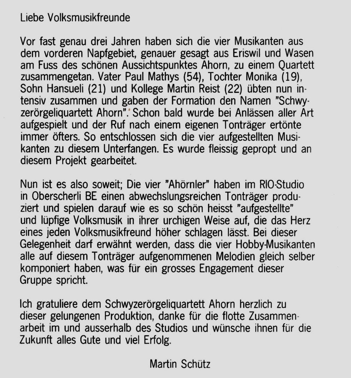 CD: M.Schütz Schwyzerörgeli Quartett D'Ahorn AR' MUNI CHILBI CD – Usato da Kandergrund venduto da Sososo 3