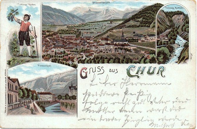 Cartoline postali: LITHO Gruss aus CHUR Veltliner Knabe - Passugg Quellen – Usato da Jona venduto da philajona
