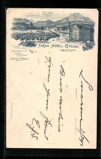 Cartoline postali: Lithographie Lucerne, Swan-Hotel-Cygne – Usato da Berlin venduto da bartko-reher