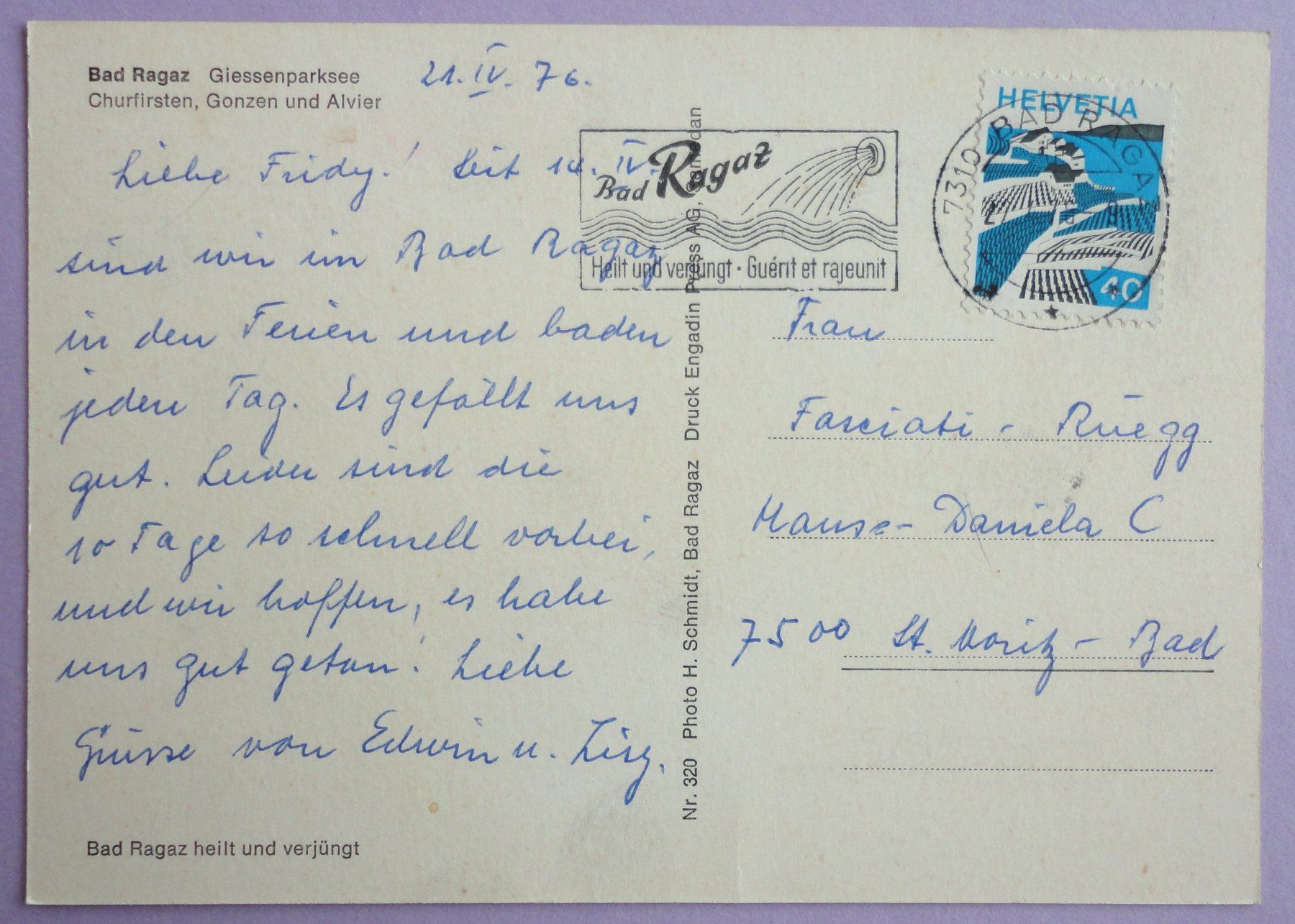 Cartoline postali: Bad Ragaz, Giessenparksee – Usato da Fétigny venduto da Billy2miny 1