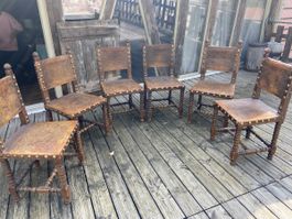 6er Set Antike Stühle, Holz/Leder, rustikal, Vintage Stil