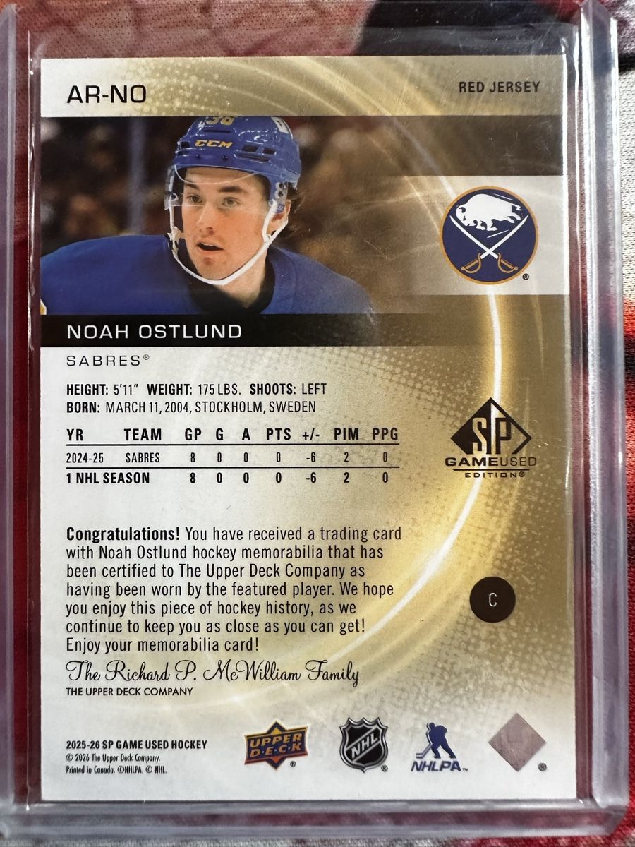 NHL Carte collezionabili: NHL SP Game Used Noah Ostlund - red jersey – Nuovo (secondo la descrizione) da Bremgarten b. Bern venduto da sisec17 1