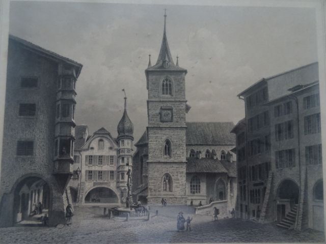 Incisioni: Stahlstich BIEL-BIENNE 34x30cm. Eckvergoldeter Rahmen – Usato da Berikon venduto da Kolophonium43 2