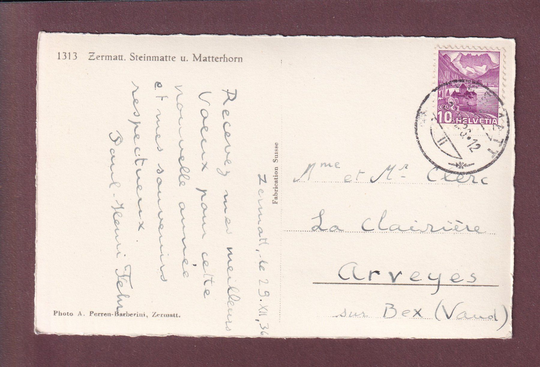 Cartoline postali: ZERMATT - Steinmatte - Matterhorn - 1936 – Usato da Pully venduto da nicecards 1