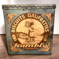 rare antike Blechdose (Kubus) blau Kambly Trubschachen