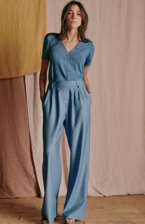 Sézane Cassiopée Shirt Blouse Bluse Blue Pointelle Knit
