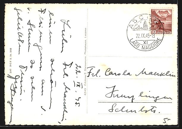 Cartoline postali: AK Ronco, Panorama mit Bergen, 1945 – Usato da Berlin venduto da bartko-reher 1
