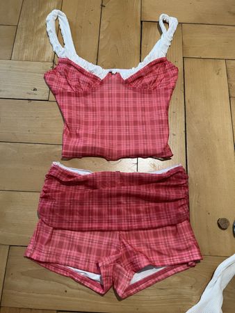 Top Fod over Hosen Set in pink kariert Grösse S