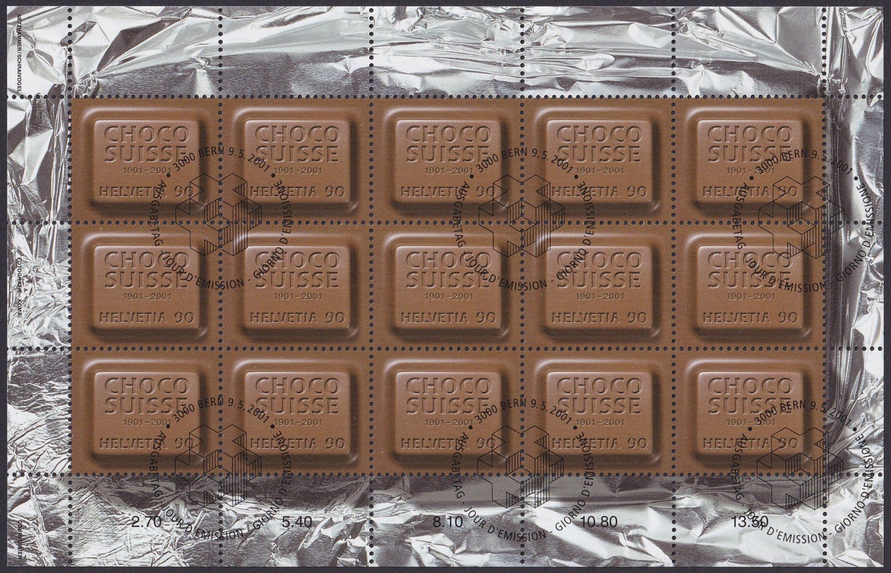 Tutti i francobolli: 2001, Nr.1024 Choco Swisse Kleinbogen +ET-Stempel, Kat: 60.- – Usato da Sursee venduto da Luzernerraute