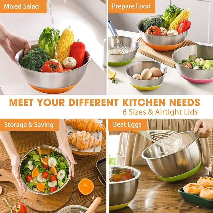 Produktbild von Wildone Rührschüsseln Mit Luftdichten Deckeln, 22 Stück Edelstahl- Metallschüsseln Von Wildone, 3 Reiben, Messmarkierungen Und Rutschfeste Unterseite, 0.63 QT, Ideal Zum Mixen Und Servieren (grau
