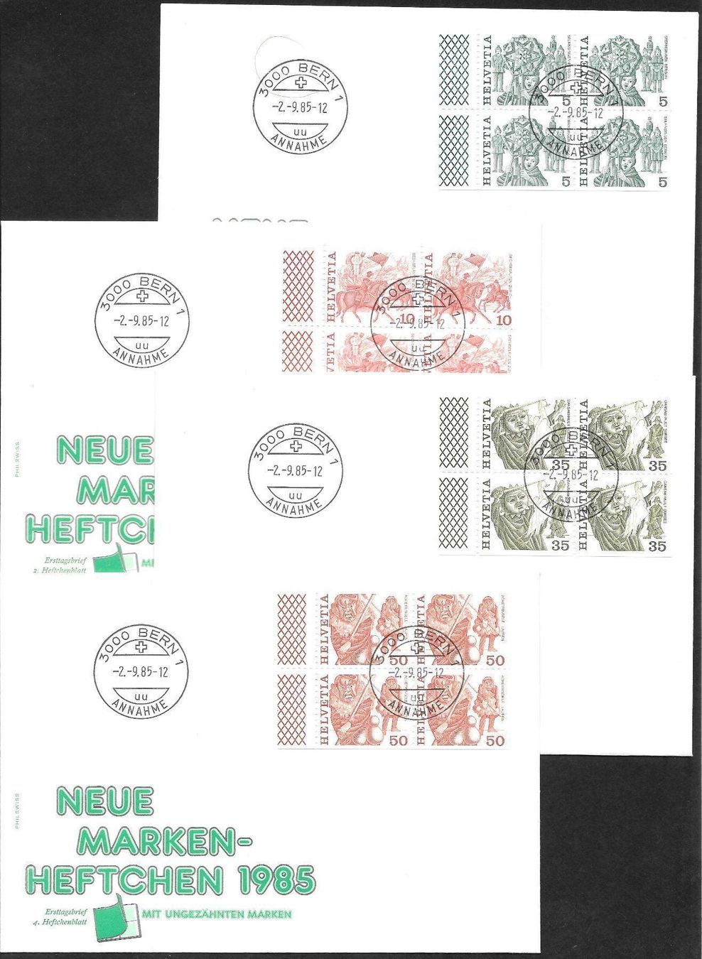 Tutti i francobolli: 7 FDC Heftchenblätter aus Markenheft ET 2.9.1985 – Nuovo (secondo la descrizione) da Olten venduto da clotaldi