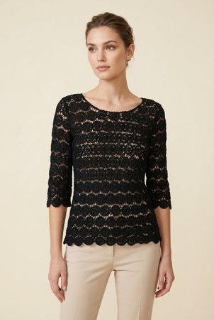 Top Crochet Noir Floral Manches 3/4 T. M