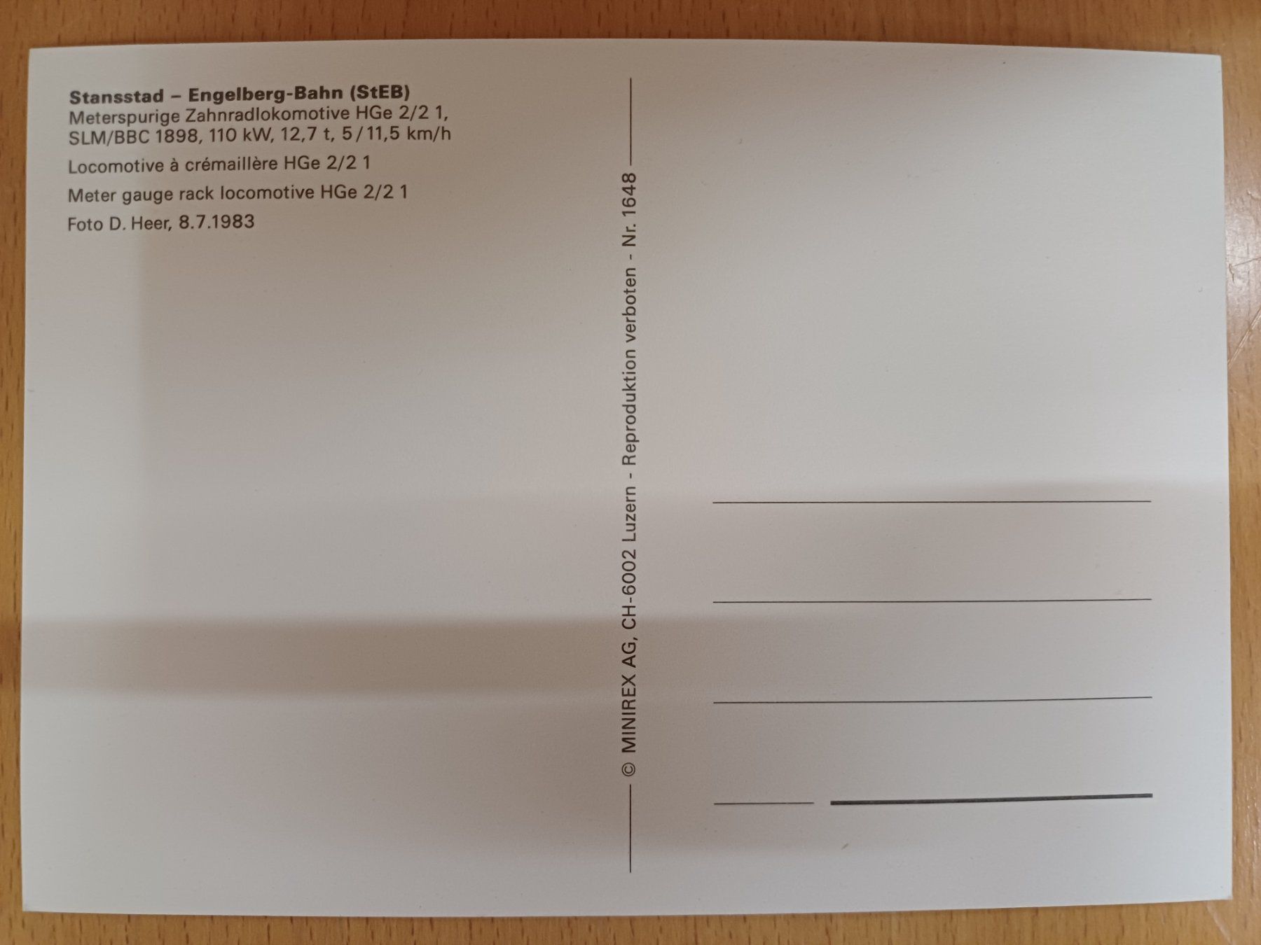 Ansichtskarten: Postkarte Stansstad - Engelberg - Bahn StEB HGe 2/2 – Neu (gemäss Beschreibung) aus Matten von MEFEZ 1