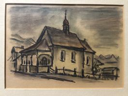 Originale Bleistiftzeichnung "Kirche" gerahmt, vintage!