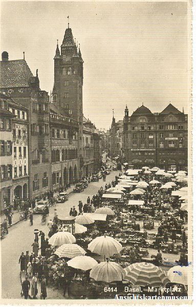 Cartoline postali: Basel - Marktplatz belebt + 1939 – Usato da Emmenbrücke venduto da teestube