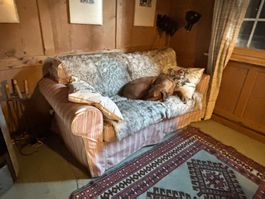 2er Eltorp Sofa Ikea mit Streifenbezug rot beige