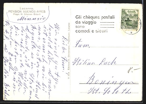 Cartoline postali: AK Locarno, Pension Buenos-Aires – Usato da Berlin venduto da bartko-reher 1