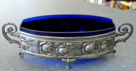 Antike Jugendstil Jardiniere mit kobaltblauem Glaseinsatz