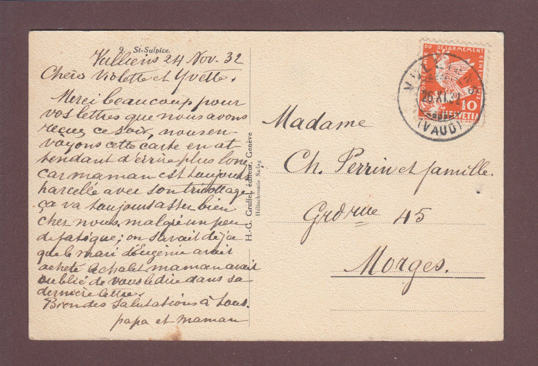 Cartoline postali: ST. SULPICE - Eglise - 1932 // trou // – Usato da Pully venduto da nicecards 1